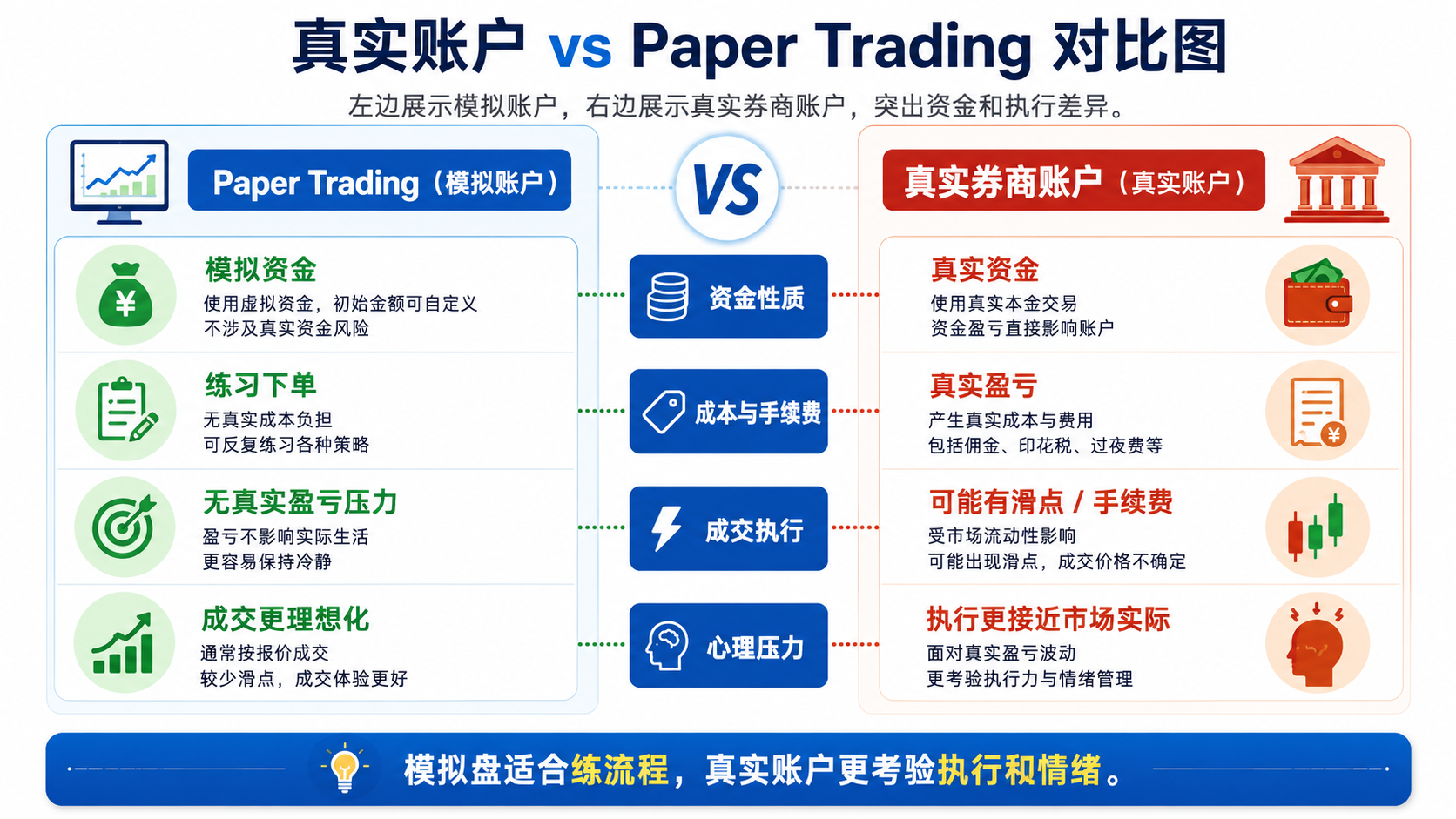 Paper Trading 模拟账户与真实券商账户在资金与订单执行上的对比示意