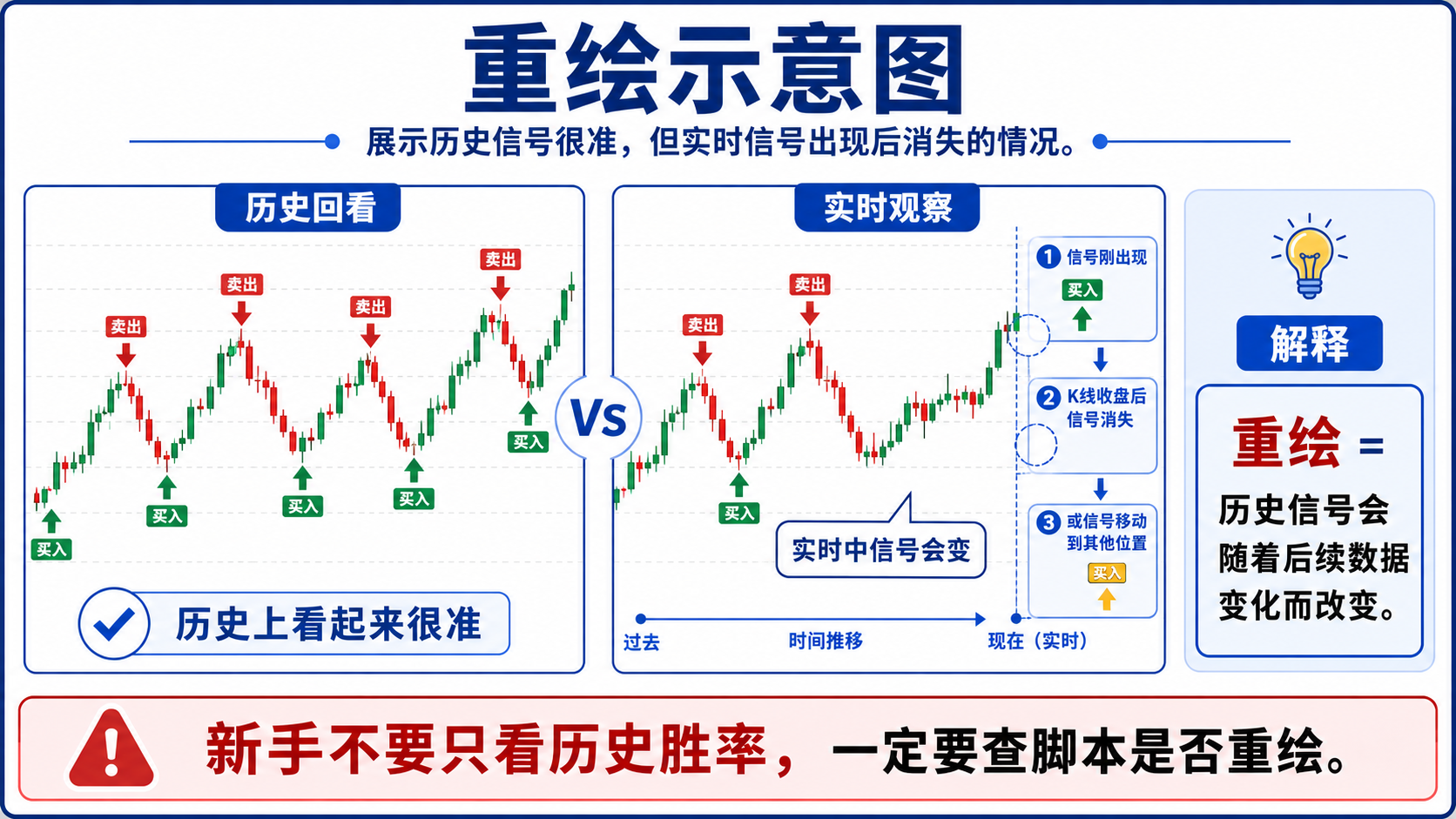 TradingView 脚本重绘示意：历史信号准确但实时信号出现后消失