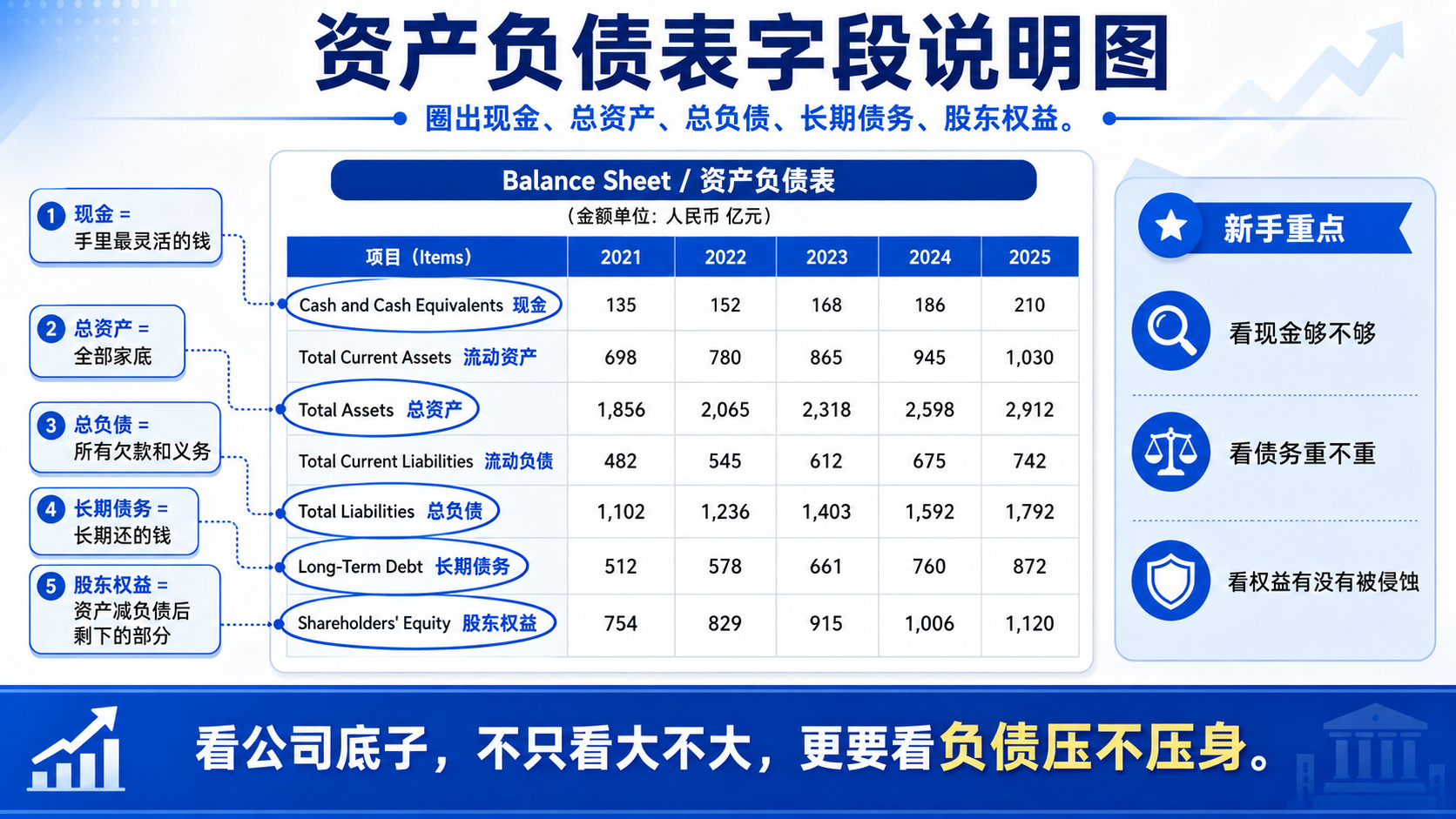 TradingView 资产负债表中的现金、总资产、总负债、长期债务与股东权益