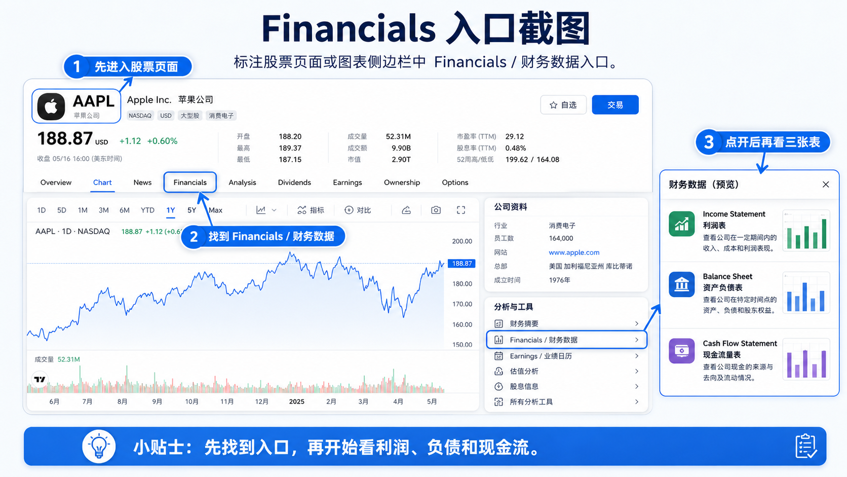 TradingView 股票页面或图表侧边栏中的 Financials 财务数据入口