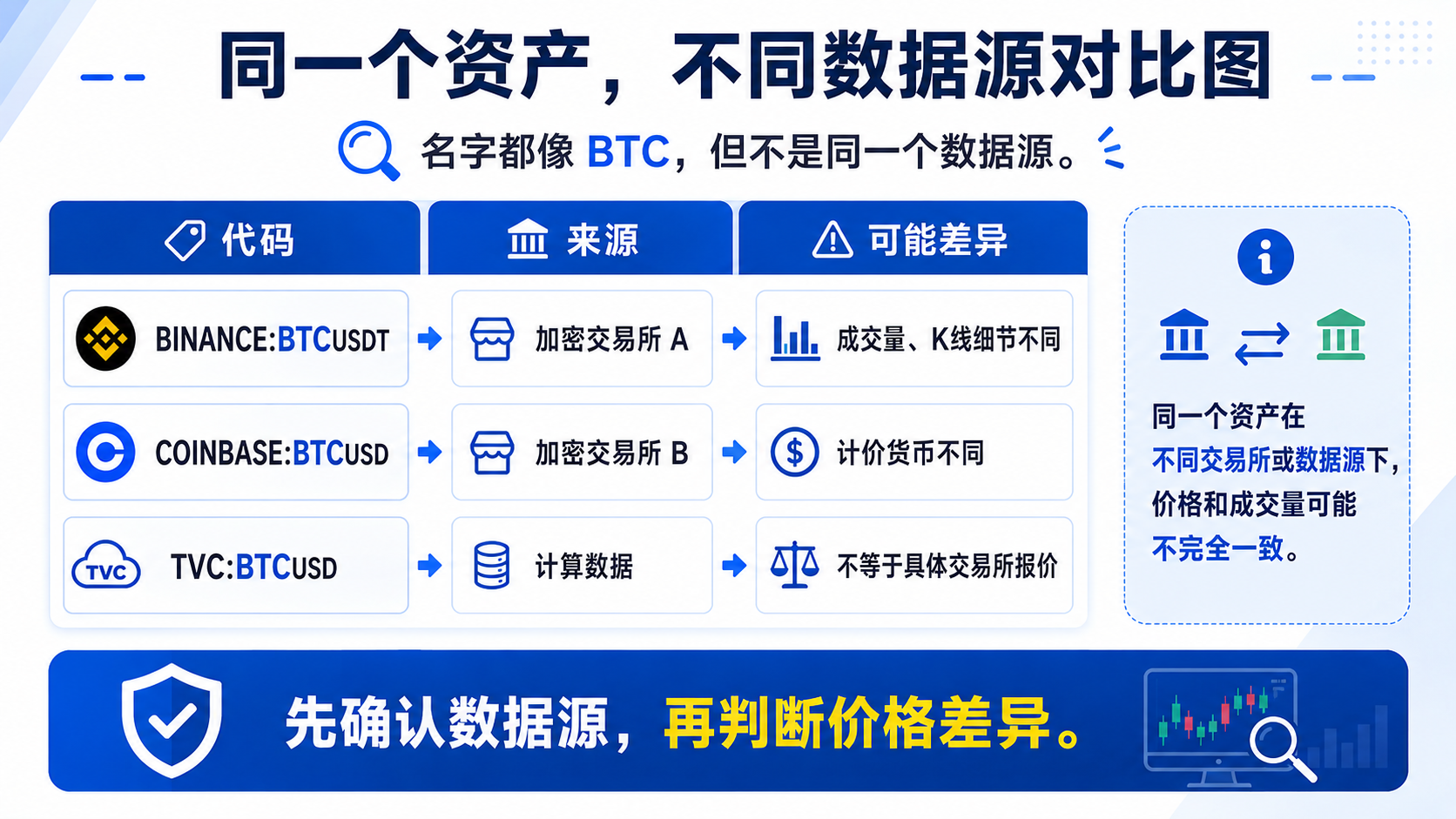同一资产在 TradingView 中因交易所、数据源与资产类型不同而出现多个 symbol 对比